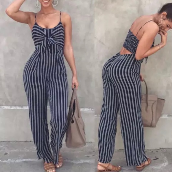 Jumpsuit Navy and White Stripes Bow Pants Straps - Picture 3 of 7